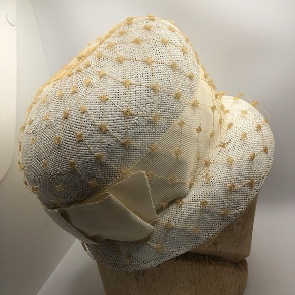 vintage Bucket Hat ivory straw with Yellow netting main image 6